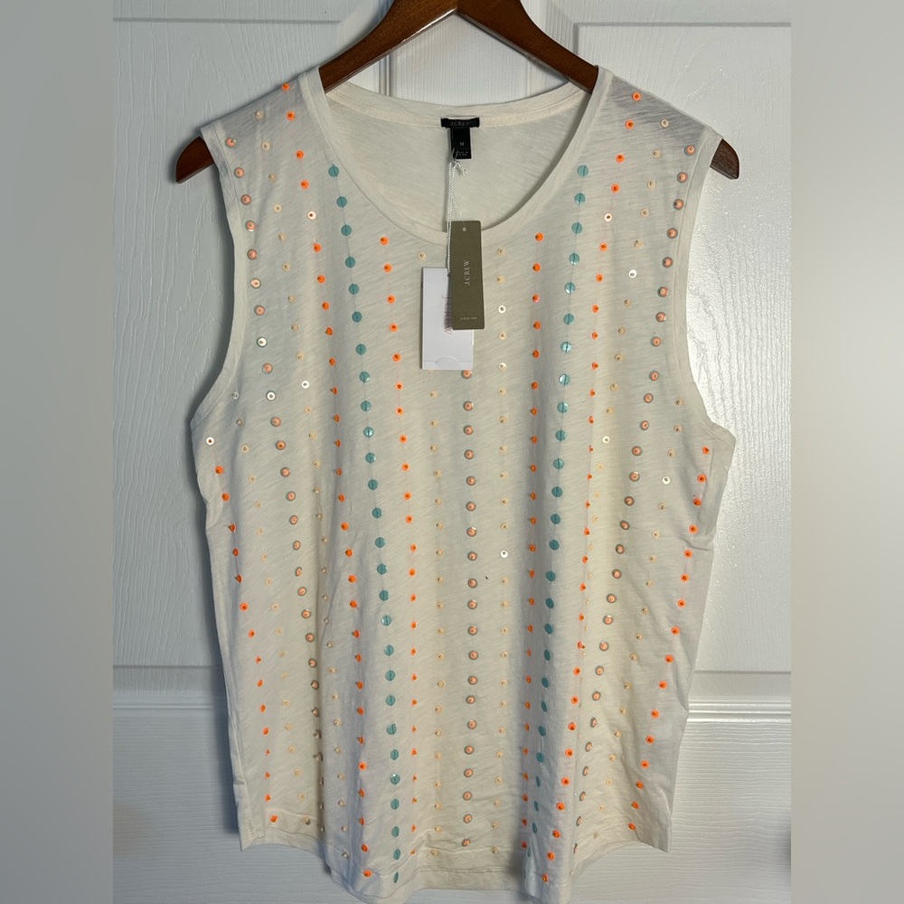 NWT- Women’s JCrew Multi Color Sequined 100% Cotton Tank Top - Cream - Medium